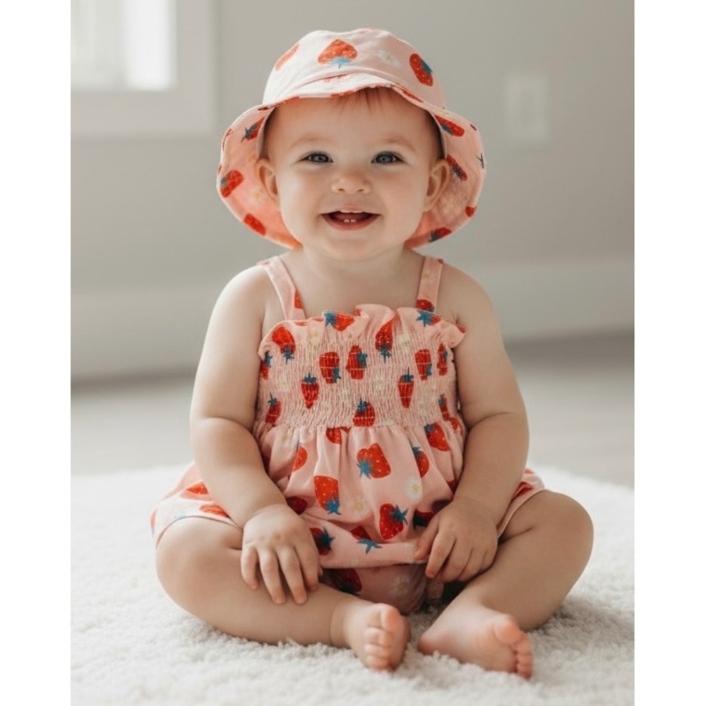 NEW Baby Girls 18-24 Months Strawberry Romper With Hat Set‎ Pink